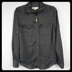 Michael Kors Polka Dot Zip Front Shirt Womens Medium Black White Long Sleeve